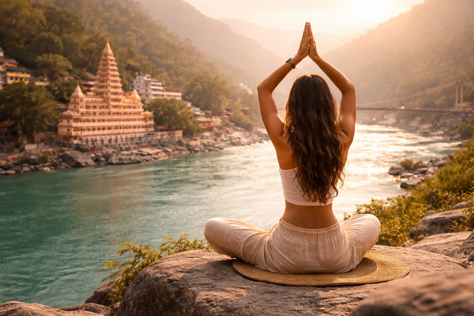 Women performing yoga in Rishikesh