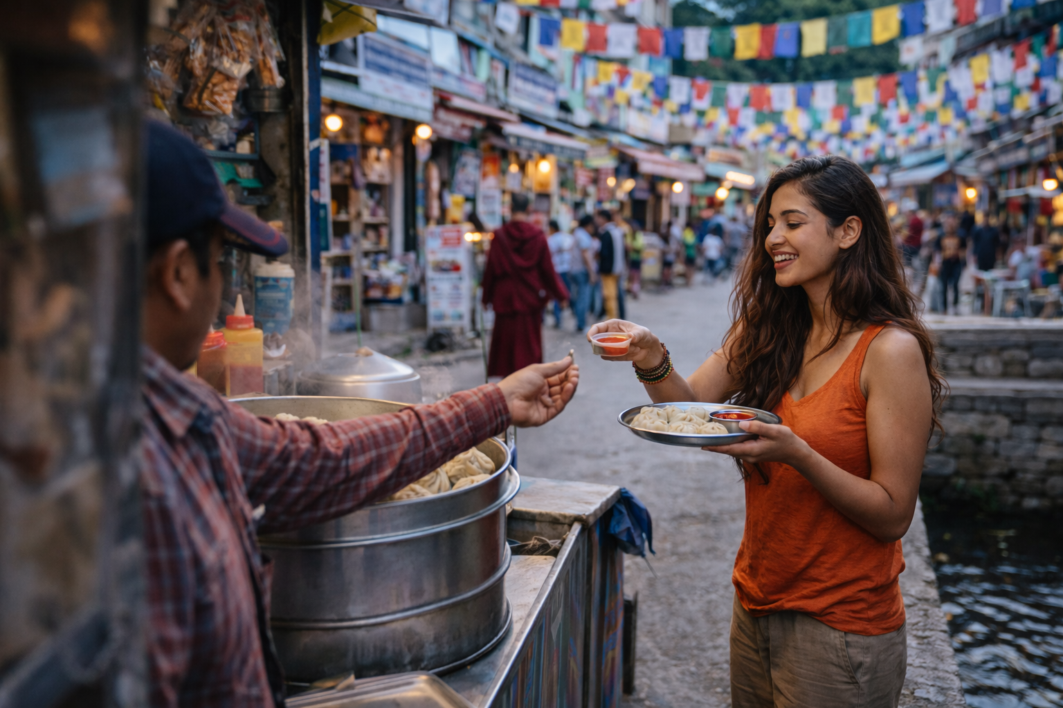 Women enjoying momos in McLeodganj