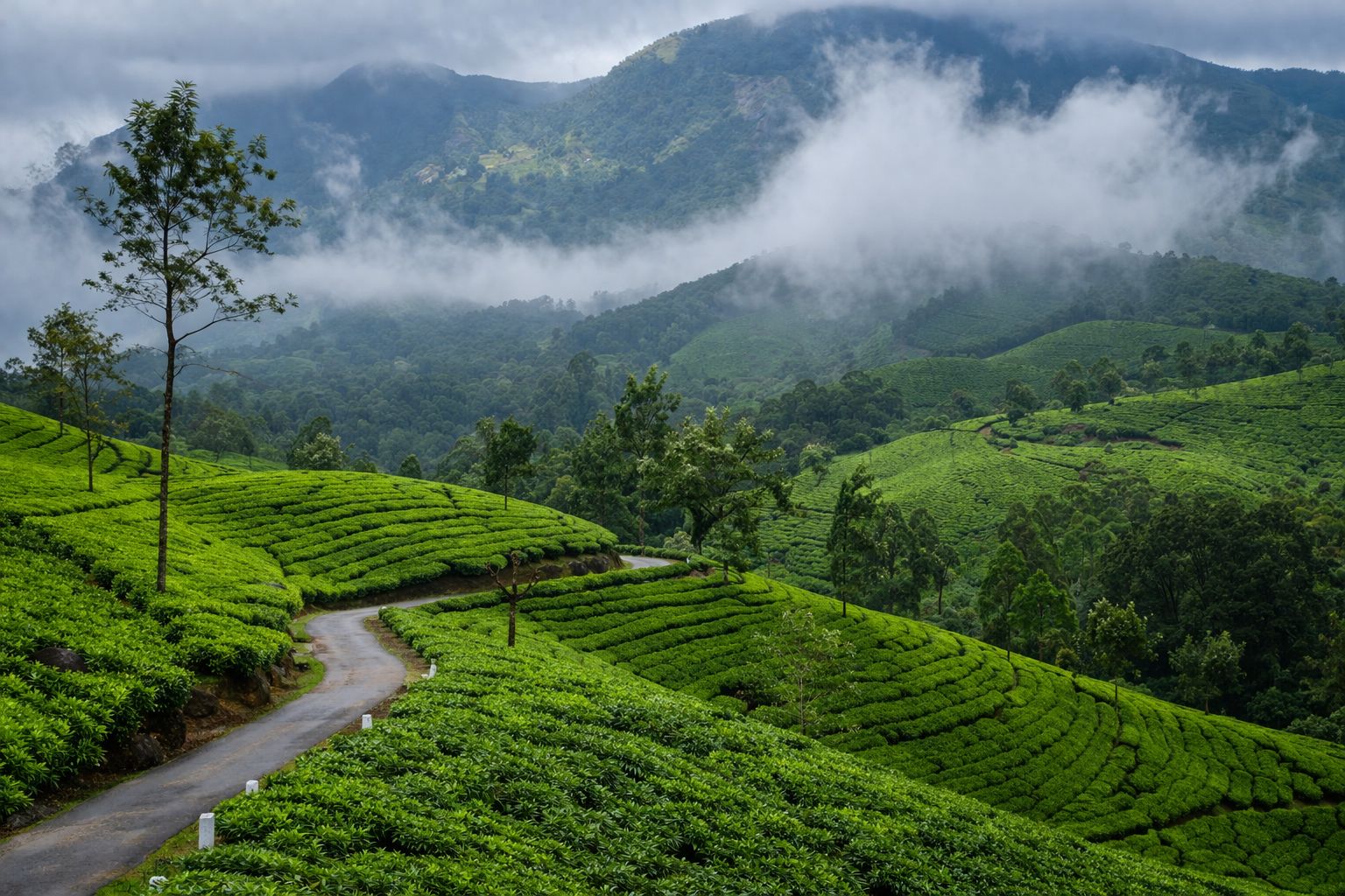 Misty green tea plantations on rolling hills in Munnar