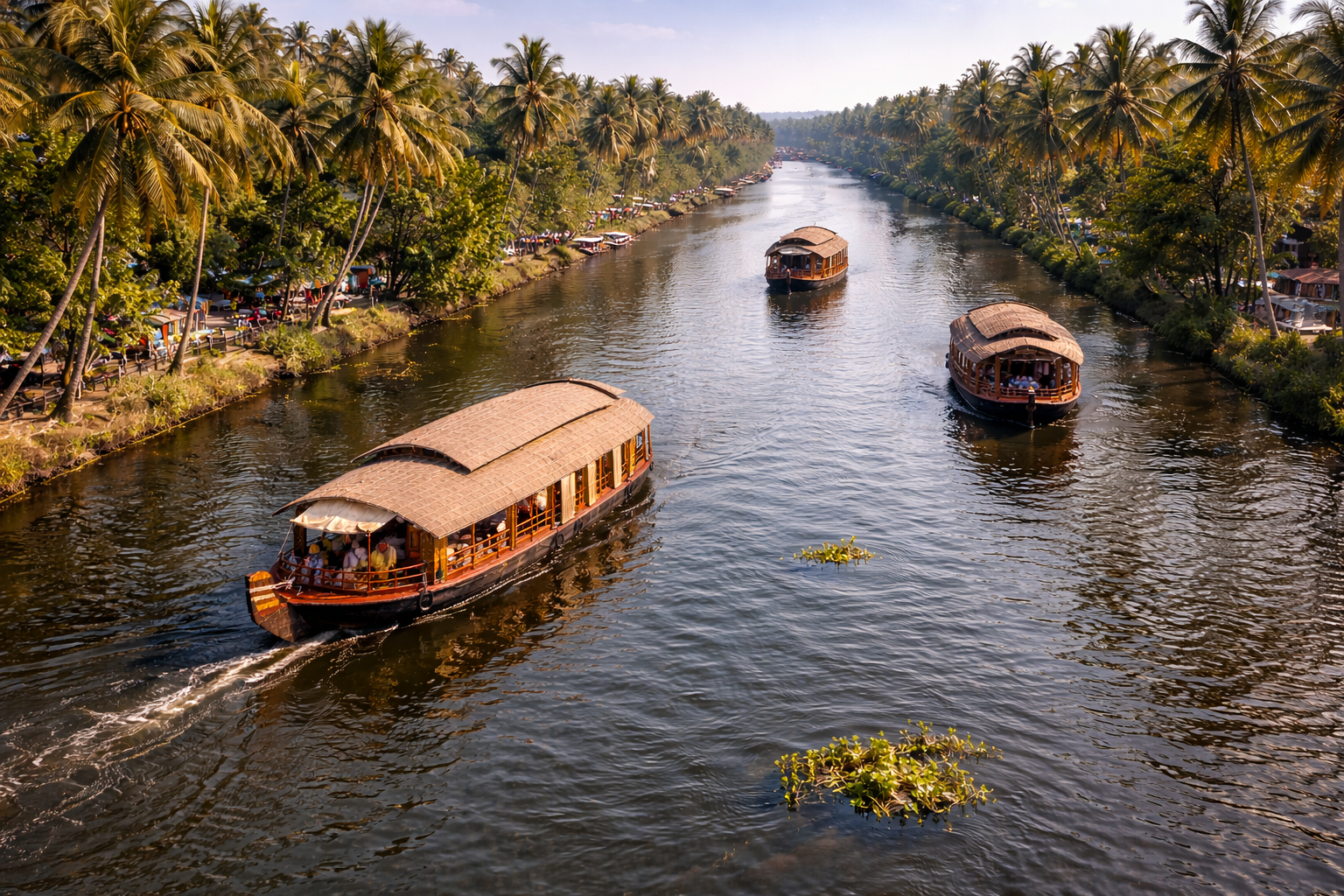 Traditional wooden houseboat cruise on Alleppey backwaters