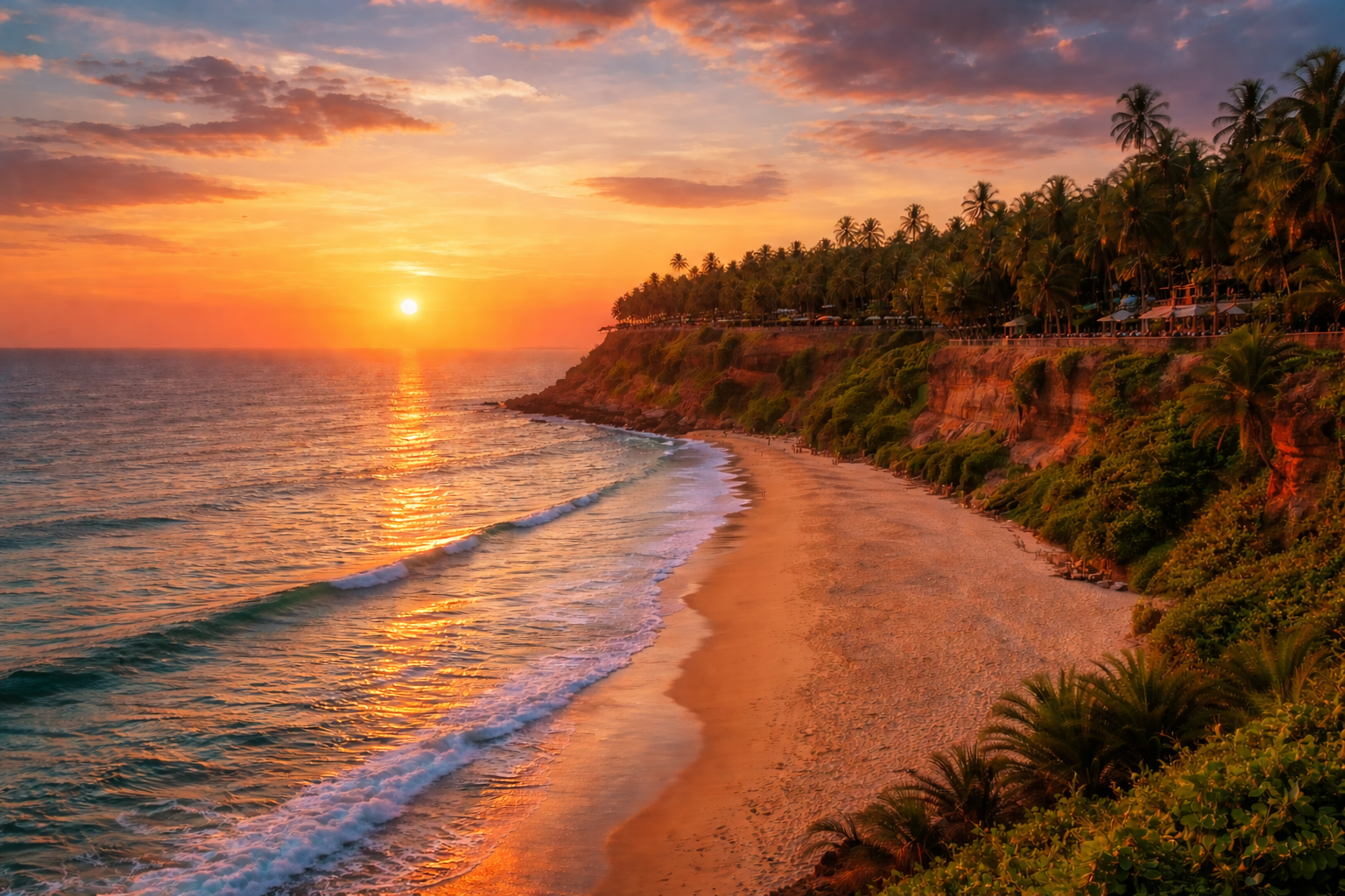 Dramatic sea cliffs at Varkala Beach during sunset with golden sky