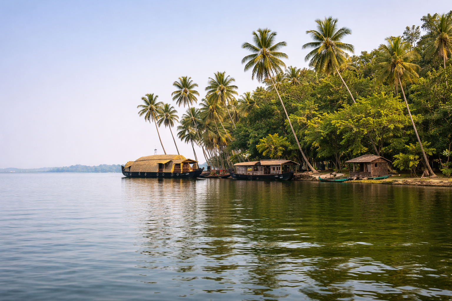 Serene sunrise over Vembanad Lake in Kumarakom with traditional boats and coconut trees