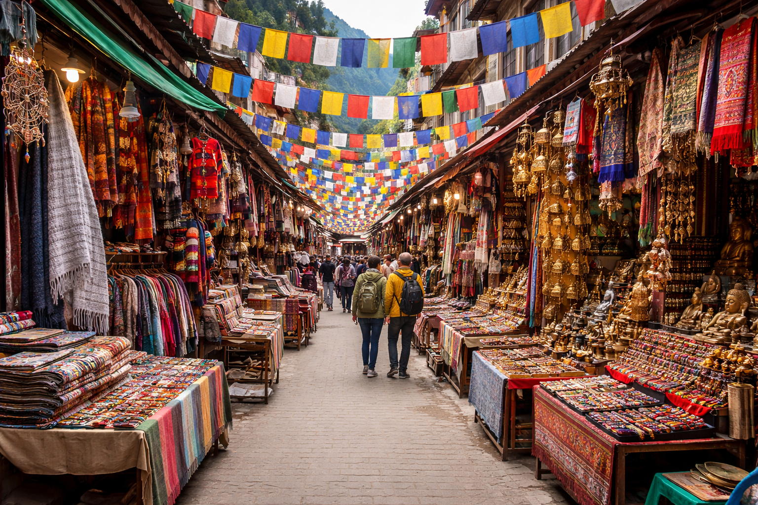 Dalhousie Tibetan market with colorful handicrafts and shawls
