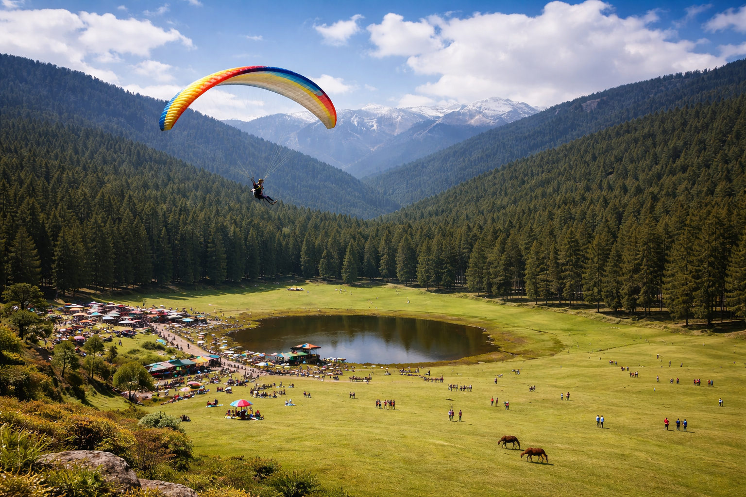 Paragliding over Khajjiar's vibrant meadow