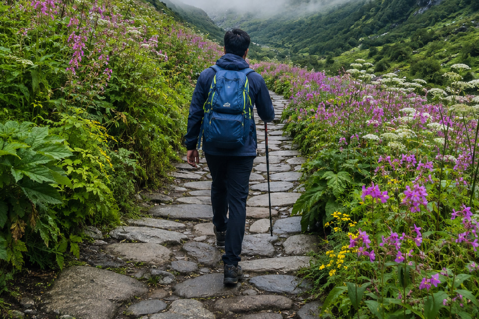 Trekker walking along a stone trail through blooming wildflowers in the Valley of Flowers, Uttarakhand, during the monsoon