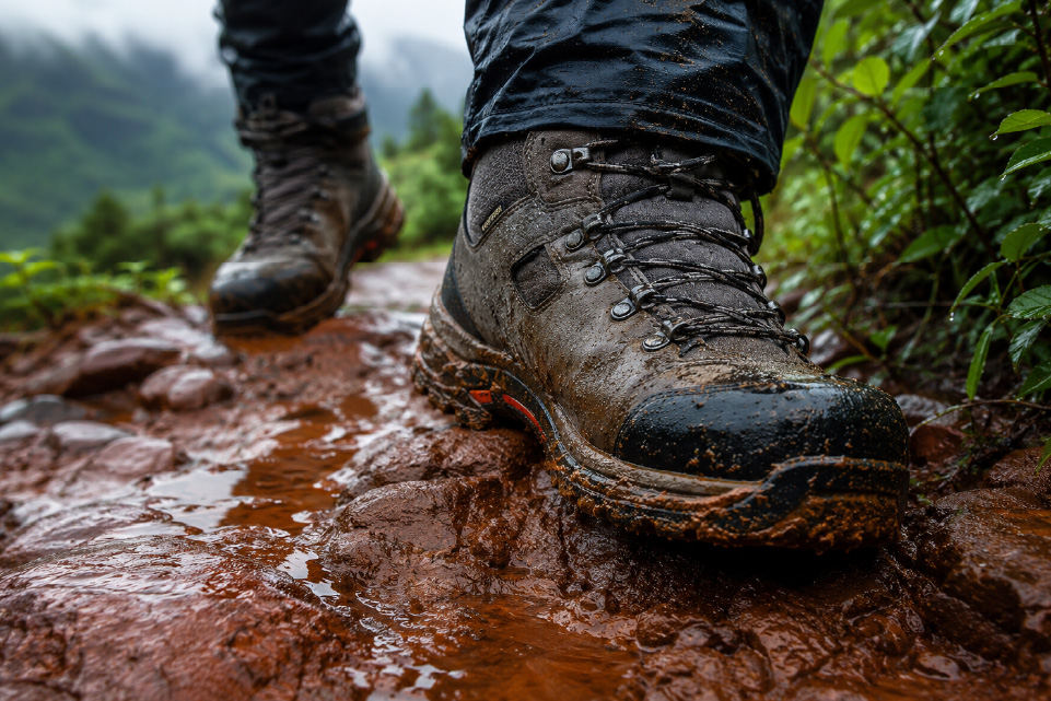 Trekking boots walking through a muddy trail during the monsoon in India