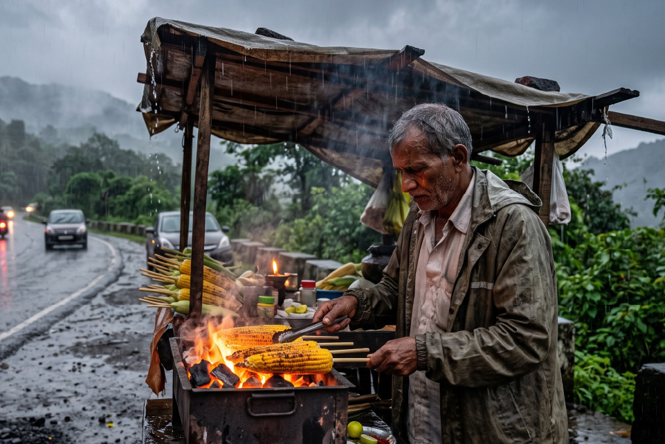 Roadside vendor roasting bhutta during monsoon on a scenic highway in India