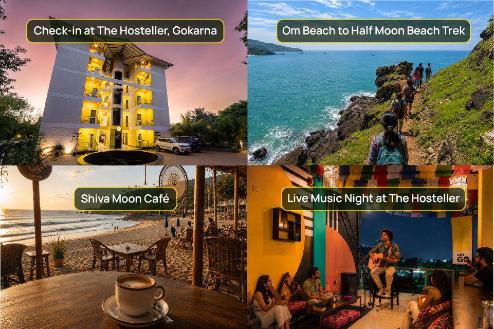 Day 1 of the Gokarna itinerary featuring The Hosteller Gokarna, the Om Beach to Half Moon Beach trek, Shiva Moon Café, and a live music night at the hostel.