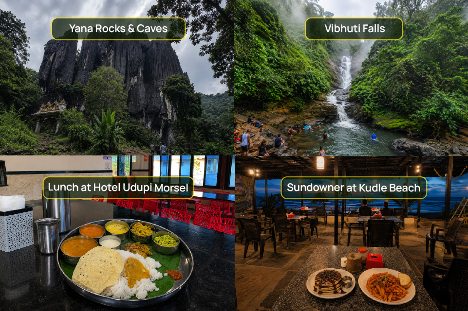 Day 2 of the Gokarna itinerary showcasing Yana Rocks & Caves, Vibhuti Falls, a traditional South Indian thali at Hotel Udupi Morsel, and sunset at Kudle Beach.