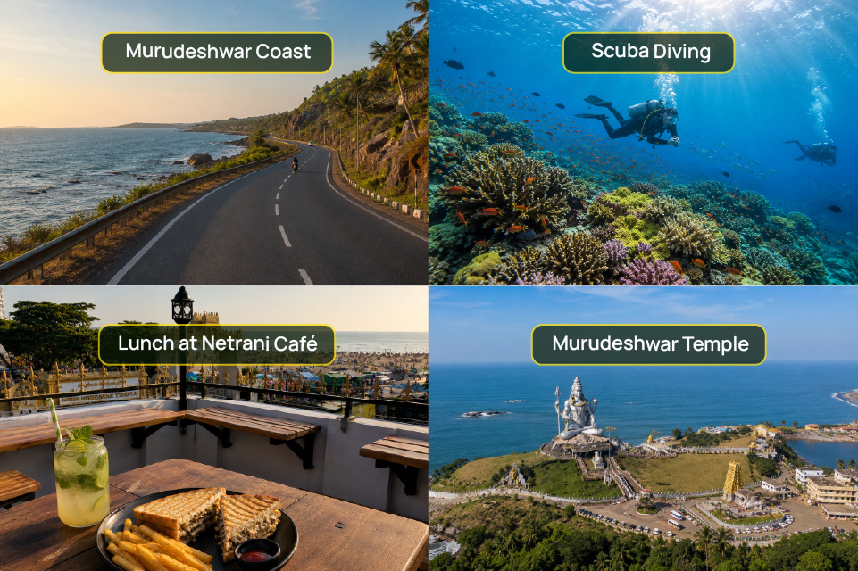 Day 3 of the Gokarna itinerary featuring the Murudeshwar coastal drive, scuba diving near Netrani Island, lunch at Netrani Café, and the iconic Murudeshwar Temple with India's tallest Shiva statue.