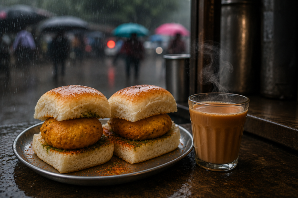 Mumbai street food in monsoon featuring vada pav and cutting chai