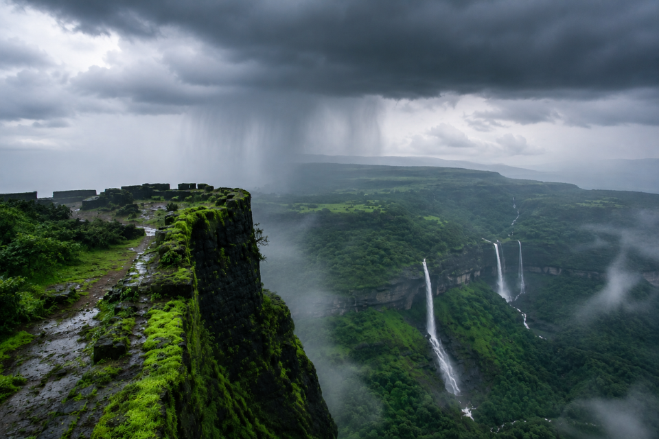 Rajmachi Fort, one of the monsoon treks near Mumbai with waterfalls