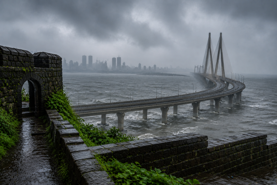 Bandra Fort overlooking the Bandra-Worli Sea Link during monsoon in Mumbai