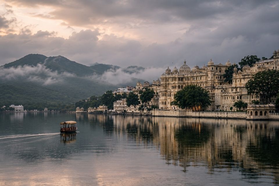 Boat crossing Lake Pichola with City Palace and monsoon clouds over the Aravalli hills