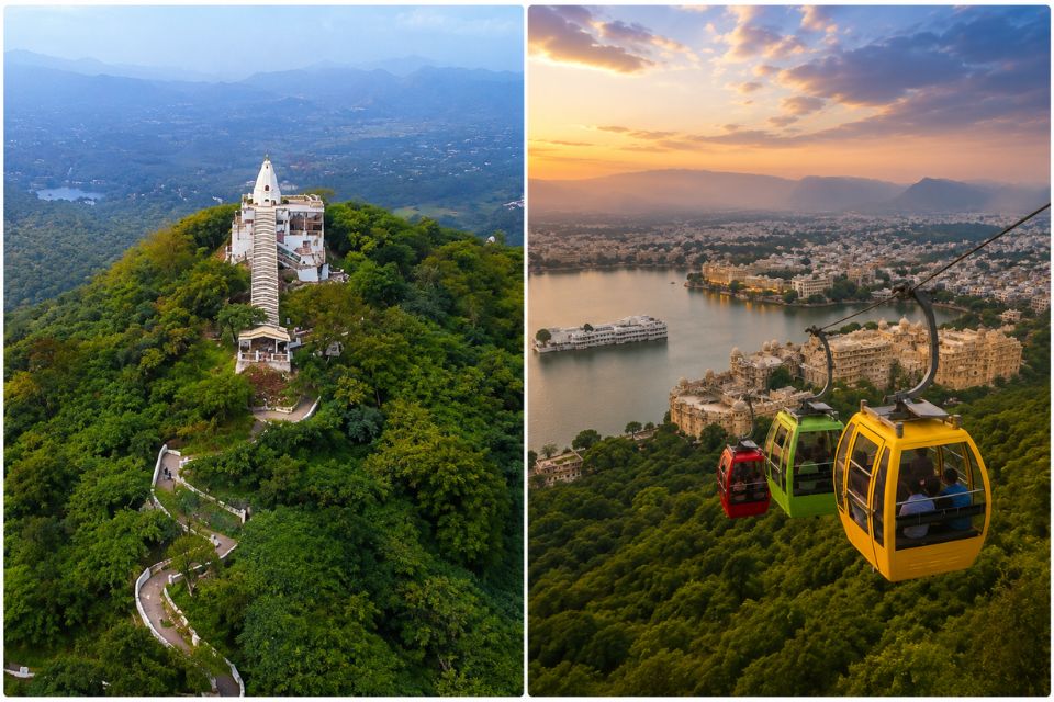 Neemach Mata Temple hilltop and Karni Mata Ropeway cable cars over Udaipur