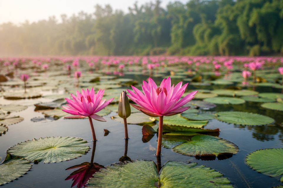 Pink lotus flowers in bloom at Gulawat Lotus Valley, near Indore