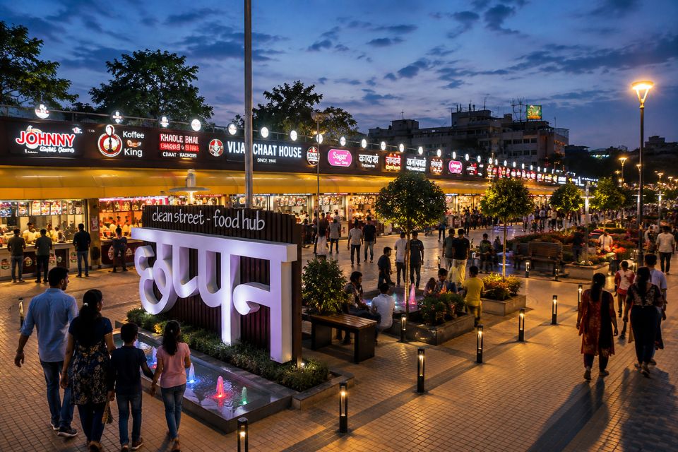 Chappan Dukan food street lit up in the evening