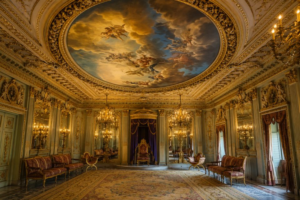 Gilded interior and painted ceiling inside Lal Bagh Palace, Indore