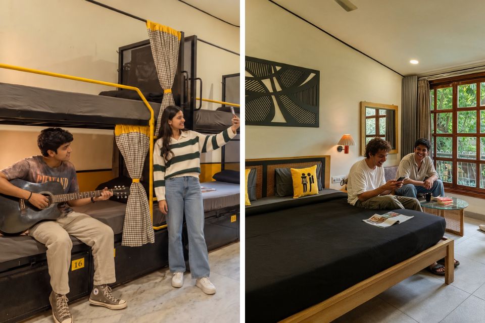 Left, a dorm bunk with a privacy curtain and a guest playing guitar. Right, a private room with a bed, seating area and wooden windows