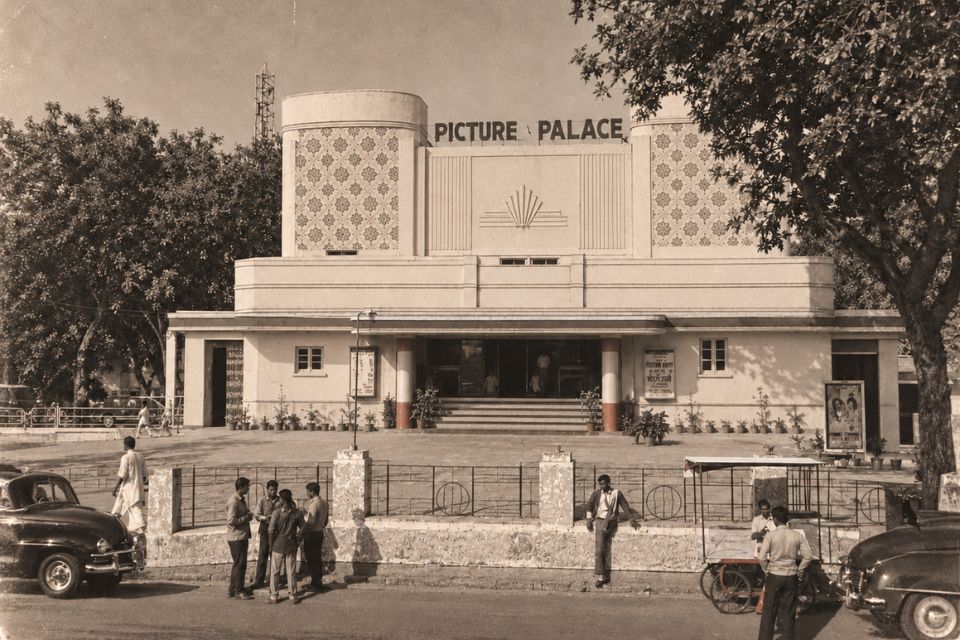 Black-and-white photo of Udaipur's Picture Palace cinema with its Art Deco facade